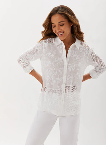 Ecru Streep Patchwork Embroidery Blouse- White