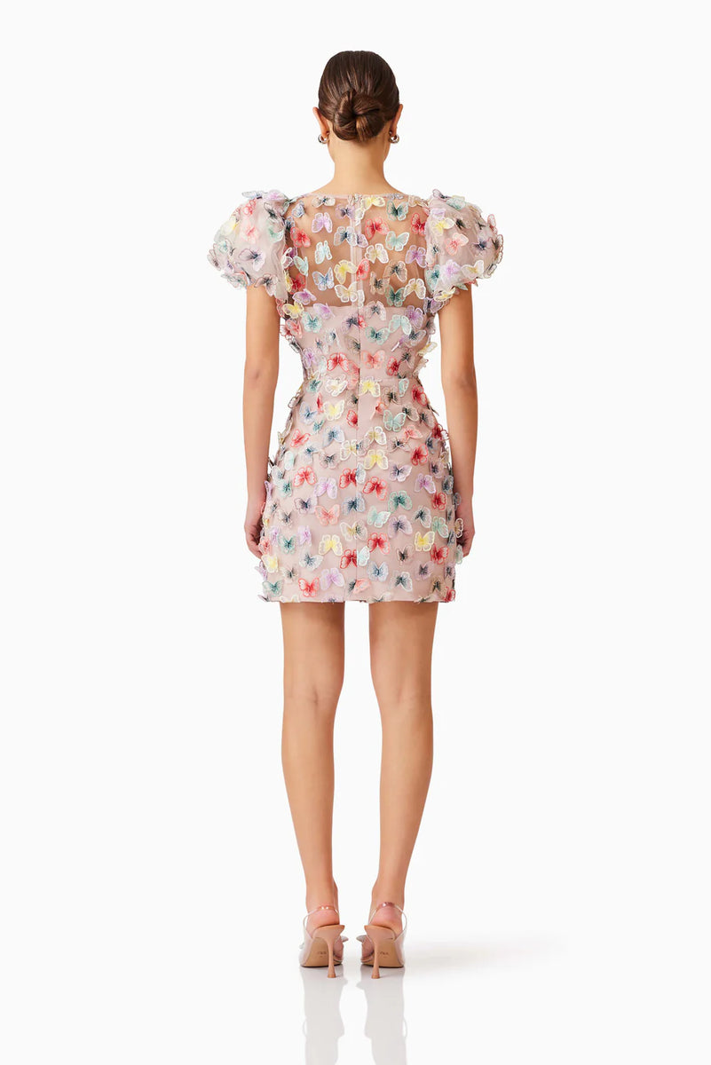 Elliatt Jasmine Puff Sleeve Mini Dress in Purple & Beige
