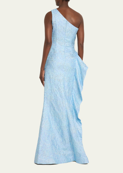 Teri Jon Metallic Jacquard One Shoulder- Powder Blue