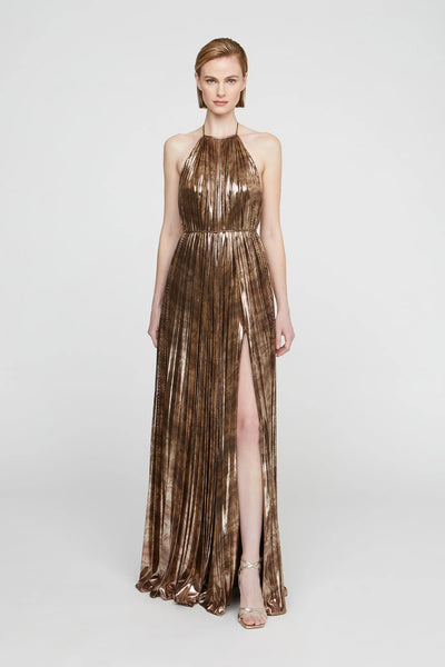 Halston Halter Pleated Gown- Copper