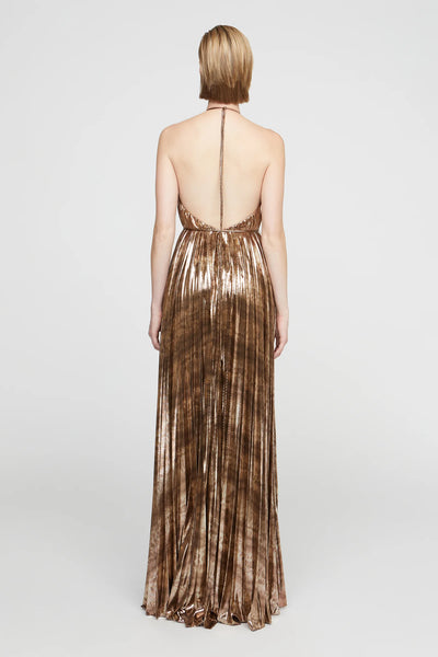 Halston Halter Pleated Gown- Copper