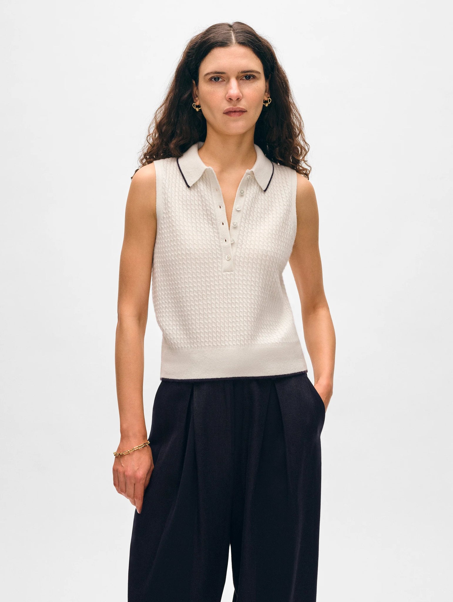 White + Warren Cable Sleeveless Cashmere Polo