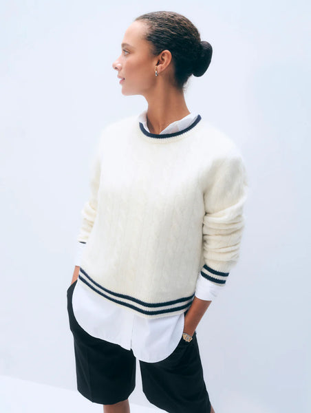 White and Warren Cashmere Varsity Cable Crewneck