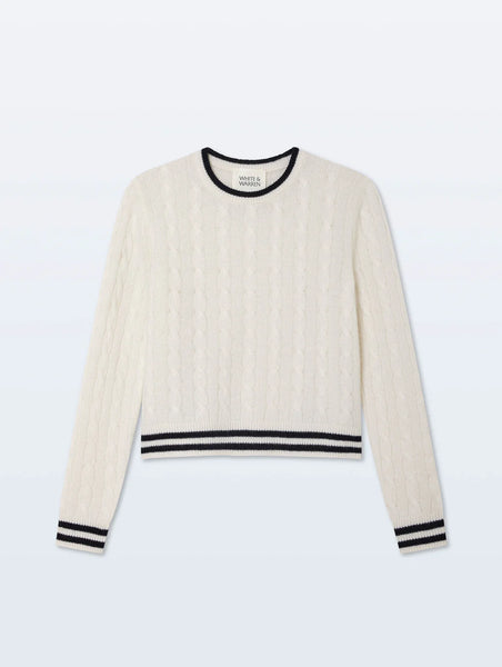 White and Warren Cashmere Varsity Cable Crewneck