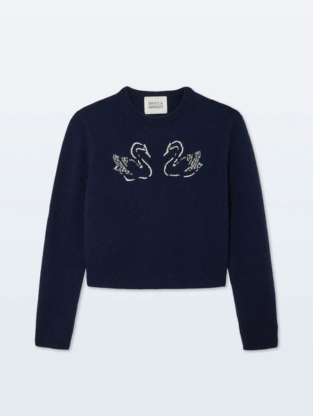 White and Warren Cashmere Blend Embroidered Swan Sweater