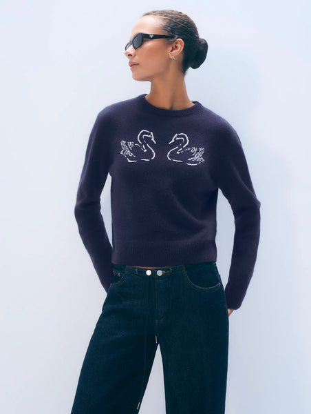 White and Warren Cashmere Blend Embroidered Swan Sweater
