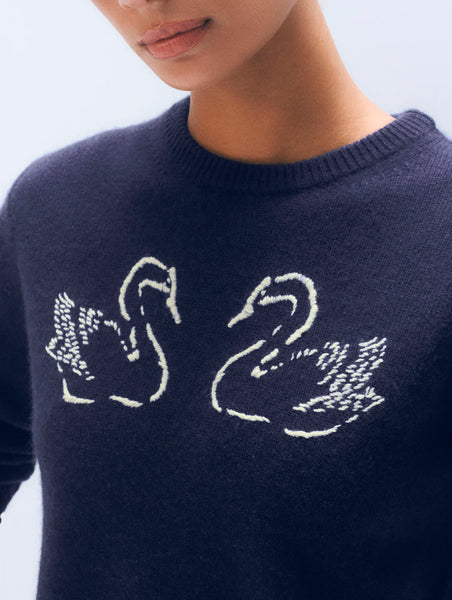 White and Warren Cashmere Blend Embroidered Swan Sweater