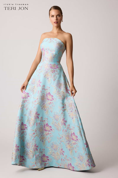 Teri Jon Metalic Floral Jacquard Gown