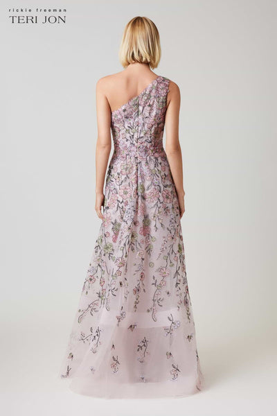 Teri Jon Floral Embroidered Tulle One Shoulder Gown