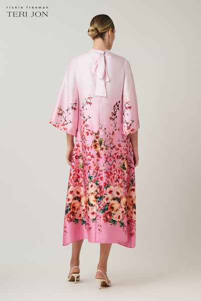 Teri Jon Twill Mandarin Neck Print Midi Dress