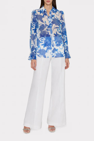 Milly Lacey Brushwork Floral Blouse- Blue Multi