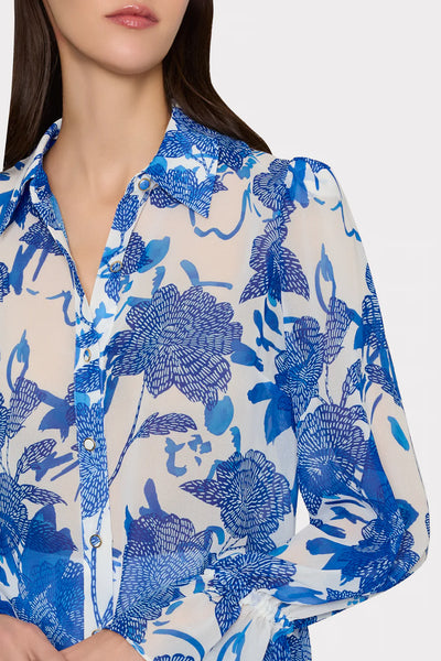 Milly Lacey Brushwork Floral Blouse- Blue Multi