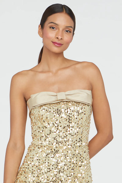 Theia Lace Sequin Column Gown- Champagne