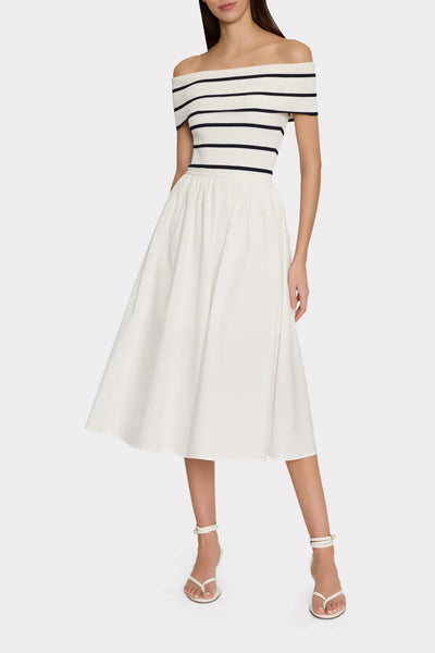 Milly OTS Striped Knit Poplin Midi Dress- Ecru/Navy