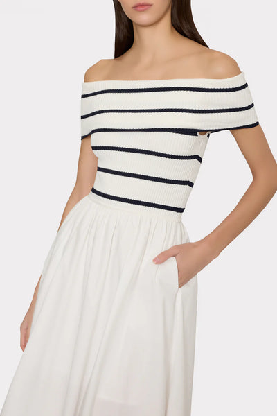 Milly OTS Striped Knit Poplin Midi Dress- Ecru/Navy