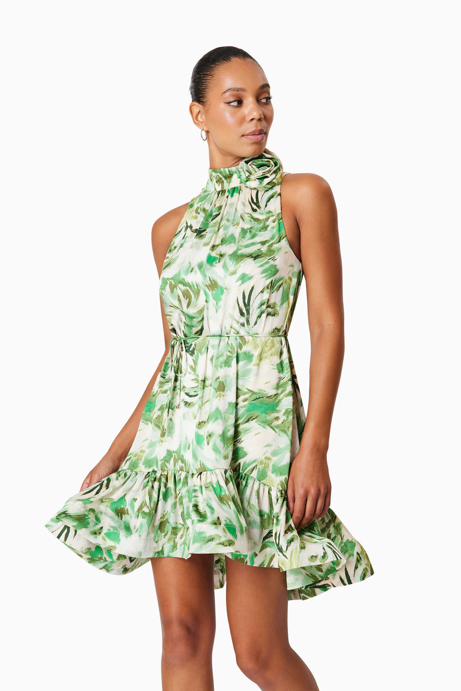green emerald velvet dress Elliatt Georgia Halter Ruffle Day Dress – By Request