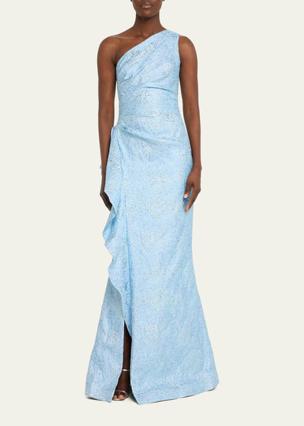 Teri Jon Metallic Jacquard One Shoulder- Powder Blue