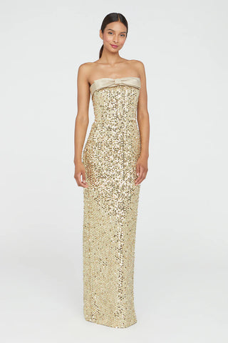 Theia Lace Sequin Column Gown- Champagne
