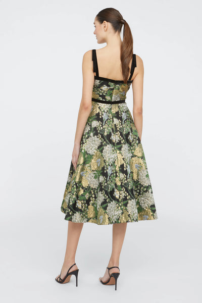 Theia Black Velvet Trim Brocade Tea length Dress