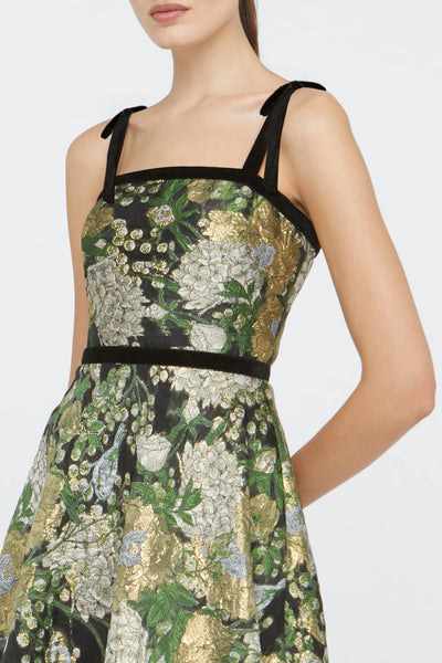 Theia Black Velvet Trim Brocade Tea length Dress
