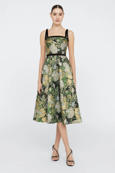 Theia Black Velvet Trim Brocade Tea length Dress