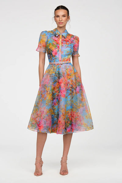 Theia Floral Organza Shirt Dress- Blue Zen