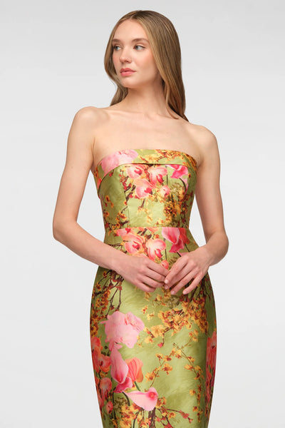 Theia Cleo Strapless Column Gown- Herbal Zen
