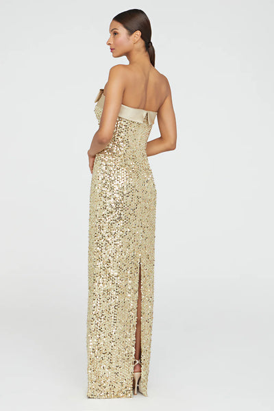 Theia Lace Sequin Column Gown- Champagne