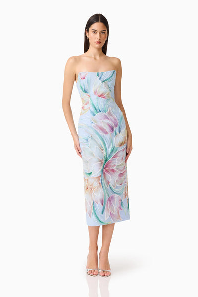 Elliatt Priselle Strapless Midi Dress- Blue Floral