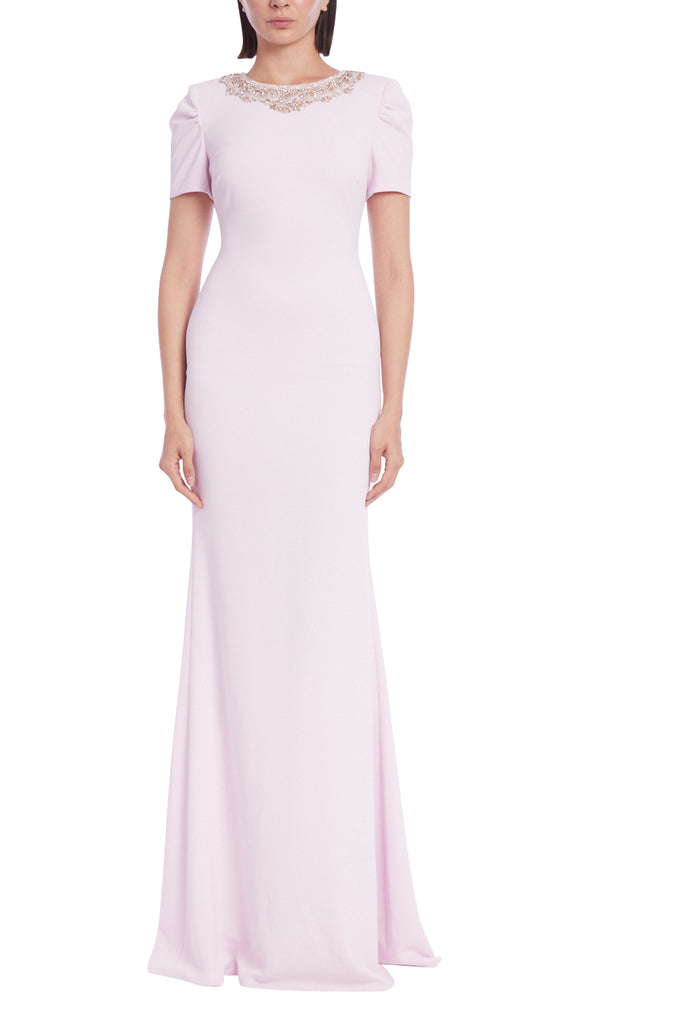 badgley mischka beaded dress Badgley Mischka Beaded Funnel-Neck Crepe Trumpet Gown, Blue, Women's, 36EU, Evening Formal Gala Gowns Mother of the Bride Groom Mermaid Trumpet Gowns