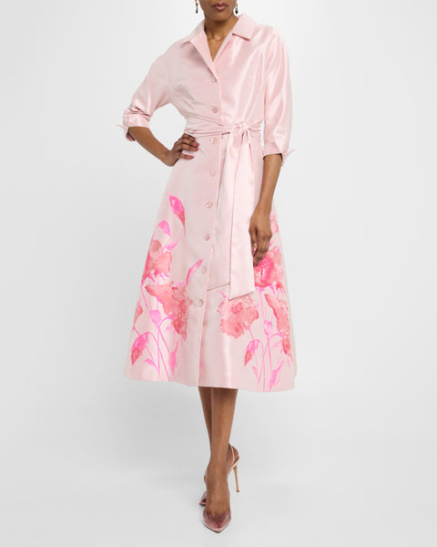 Teri Jon Mikado Floral Border Dress- Blush