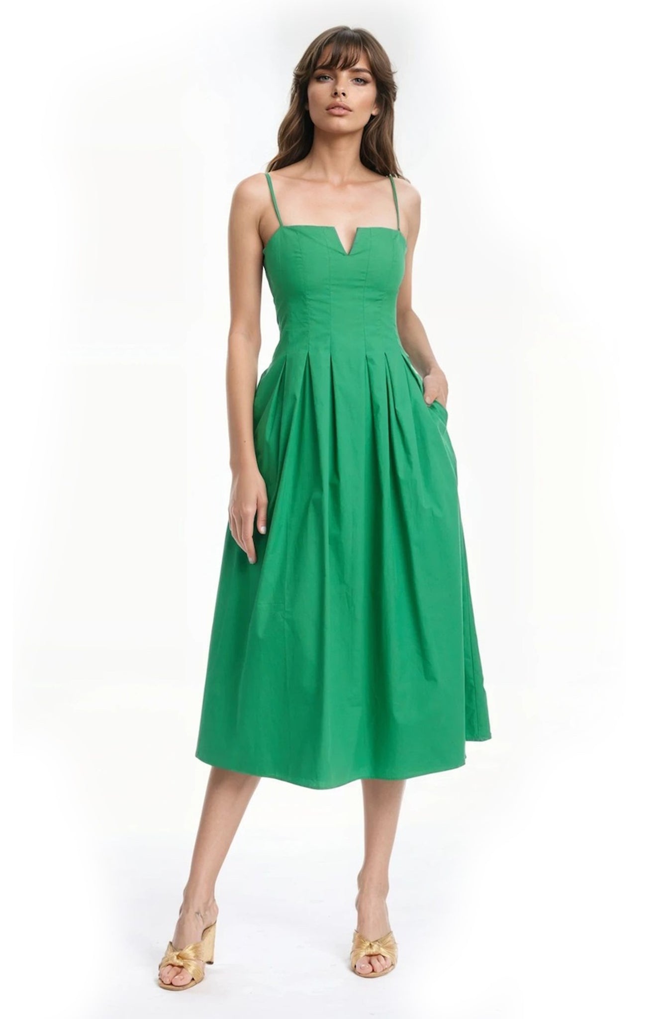 Badgley Mischka Jewel Pleated Cotton Poplin Dress