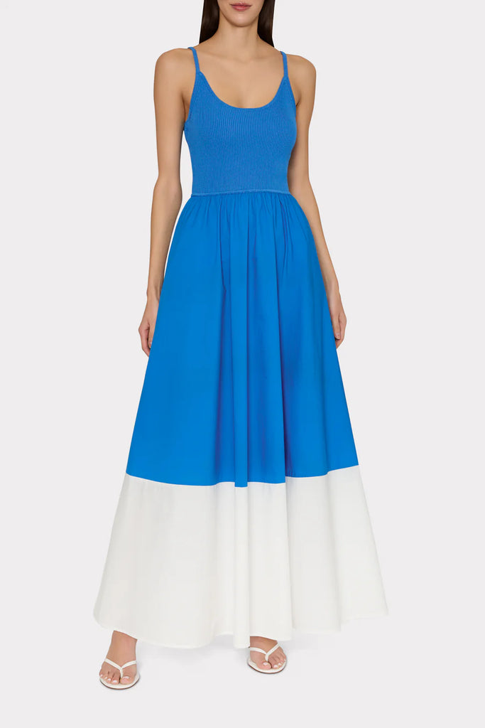 Milly Cami Knit Poplin Blocked Midi Dress- Blue/White By Request Milly Cami Knit Poplin Blocked Midi Dress- Blue/White By Request