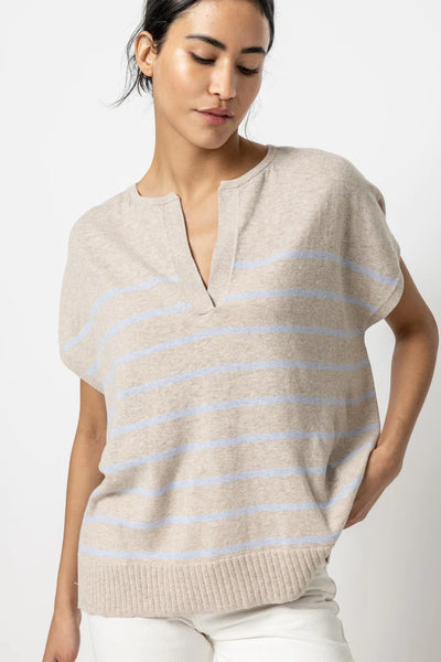 Lilla P Striped Split Neck Tunic Sweater- Wheat