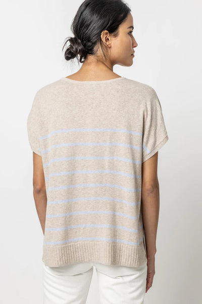 Lilla P Striped Split Neck Tunic Sweater- Wheat
