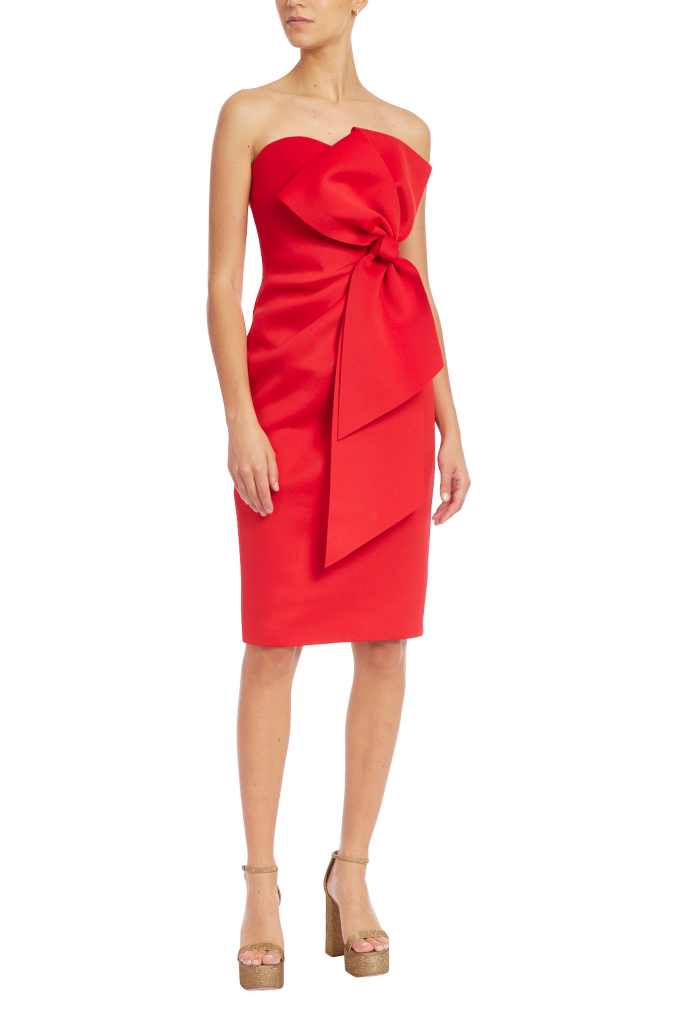 Badgley Mischka Strapless Bow Scuba Dress- Red By Request Badgley Mischka Strapless Bow Scuba Dress- Red By Request