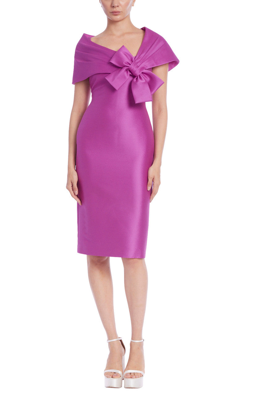 Badgley Mischka Bow Portrait Collar Sheath Dress- Orchid By Request Badgley Mischka Bow Portrait Collar Sheath Dress- Orchid By Request