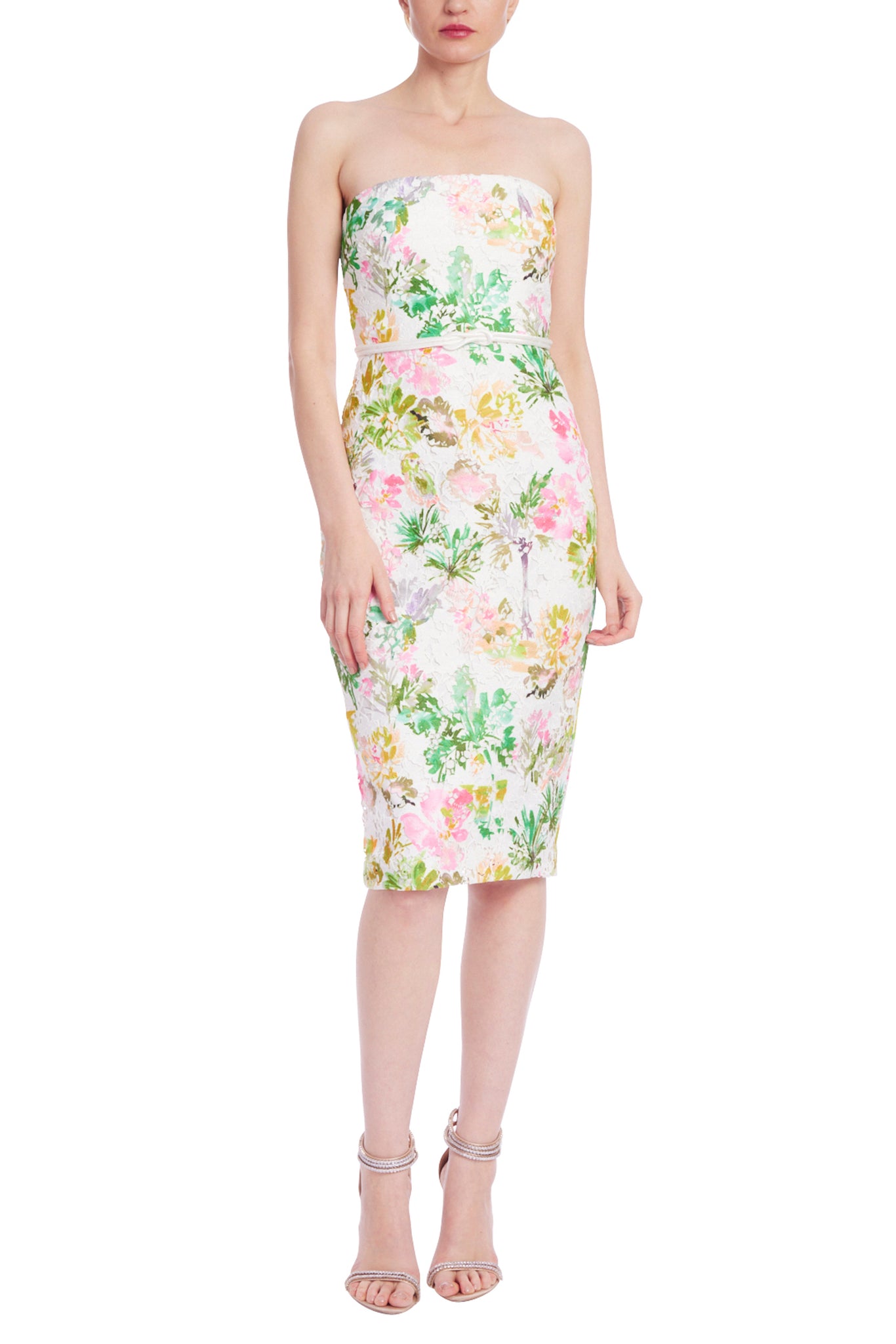 badgley mischka white dress Badgley Mischka Belted Print Lace Gown- white Multi – By Request