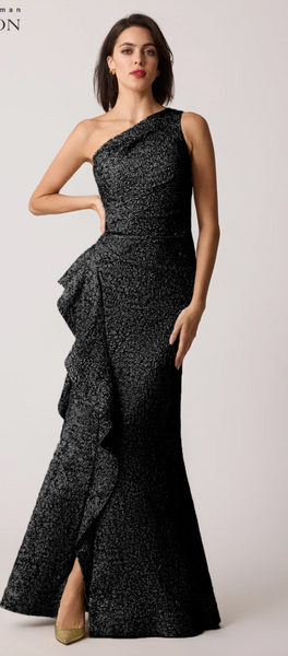 Teri Jon Metallic Jacquard One Shoulder
