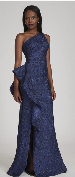 Teri Jon Metallic Jacquard One Shoulder