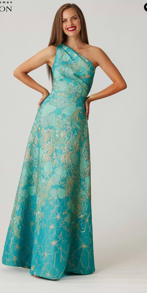 Teri Jon Metallic Jacquard Floral One Shoulder- Turq  Multi