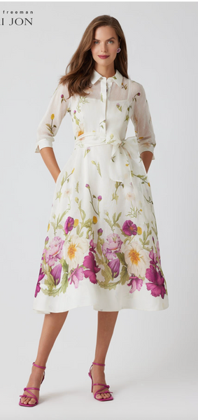 Teri Jon Silken Linen Floral Dress- Ivory Multi