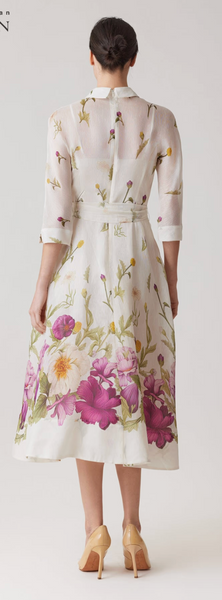 Teri Jon Silken Linen Floral Dress- Ivory Multi
