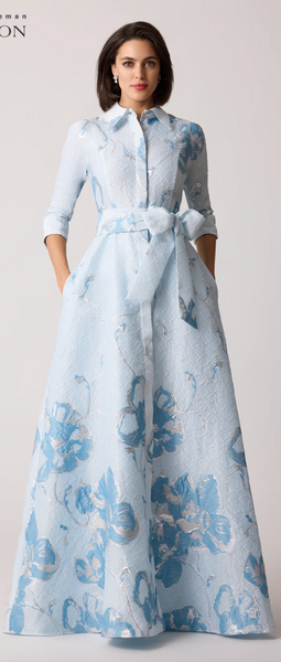 Teri Jon Metallic Jacquard Shirt Gown- Light Blue