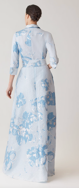 Teri Jon Metallic Jacquard Shirt Gown- Light Blue