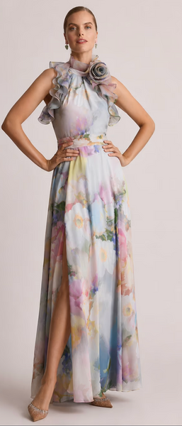 Teri Jon Chiffon Watercolor Organza Halter Gown- Light Blue Multi