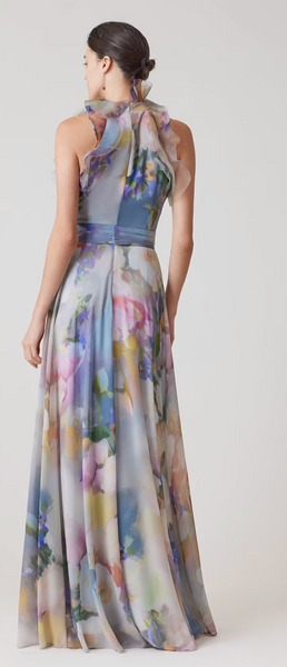 Teri Jon Chiffon Watercolor Organza Halter Gown- Light Blue Multi