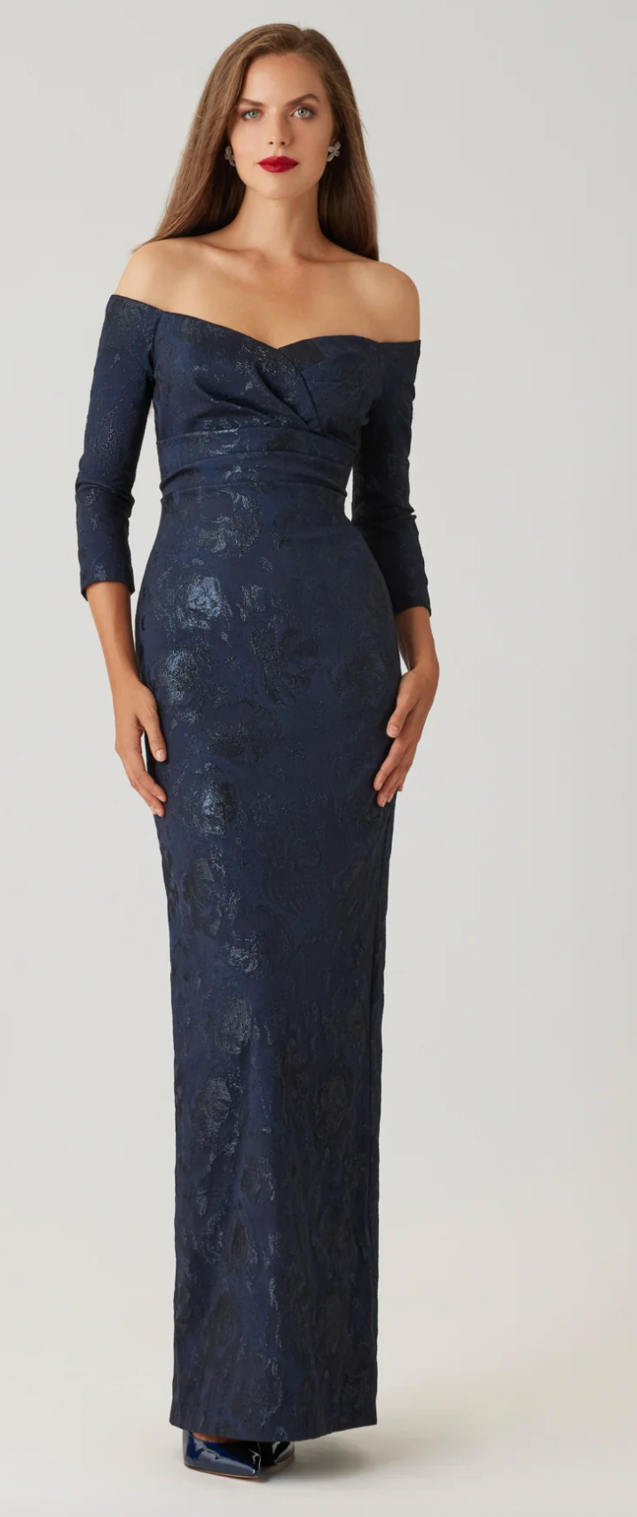 Teri Jon Jacquard Portrait Ruched Neckline Gown- Navy/Black