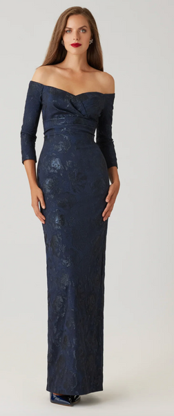 Teri Jon Jacquard Portrait Ruched Neckline Gown- Navy/Black