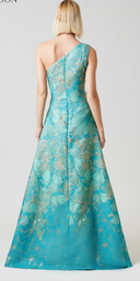 Teri Jon Metallic Jacquard Floral One Shoulder- Turq  Multi